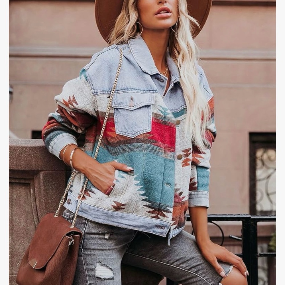 Lumister Women's Aztec Denim Jacket-Distressed Vintage Button Down